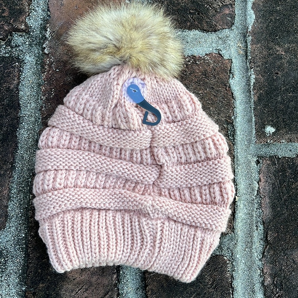 C.C. Blush Knit Hat with Fluffy Pom NWT - Picture 3 of 5